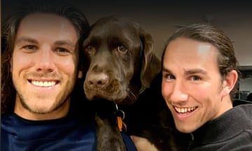 A screen grab taken from a Nine News report on Saturday, May 4, 2024, of Perth siblings Callum and Jake Robinson, both in their 30s, with their dog.