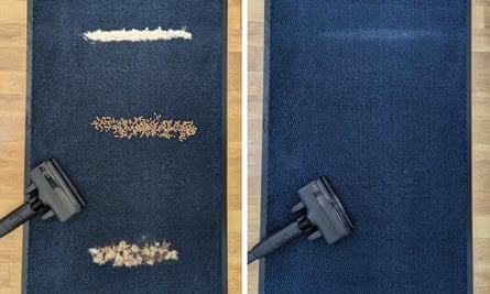 Before (left) with the hair, treats and flour and how the Bosch Unlimited 10 hoovered them up on the right.