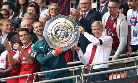 Petr Cech and Arsène Wenger lift the FA Community Shield after Arsenal’s shootout victory against Chelsea