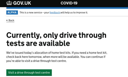 Message on the government’s website about the availability of home test kits.