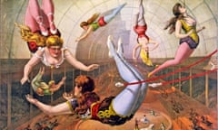 US trapeze artists perform in an 1890 lithograph.
