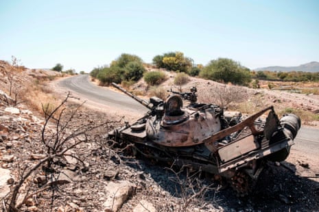 A damaged tank stands abandoned on a road near Humera, Ethiopia, on 22 November