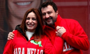 Lucia Borgonzoni, the rightwing coalition candidate for president of Emilia-Romagna, with the League’s leader, Matteo Salvini