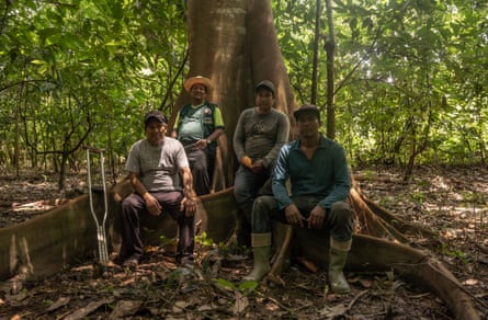 Four Indigenous men sitting by the roots of a large jungle tree