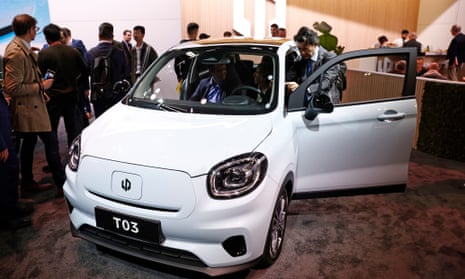A Leapmotor T03 electric car on display at the Paris motor show