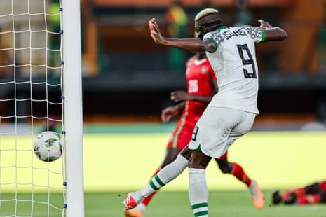 Nigeria's Victor Osimhen (centre) scores a goal against Guinea-Bissau which was later disallowed after a VAR review.