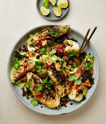 Yotam Ottolenghi’s grilled hispi cabbage with coriander, garlic, chilli and lime oil.