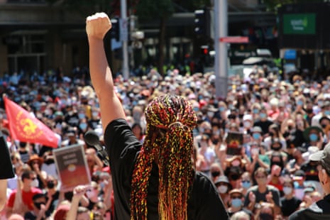 People participate in an 'Invasion Day' rally in Sydney, Australia, Wednesday, January 26, 2022. 