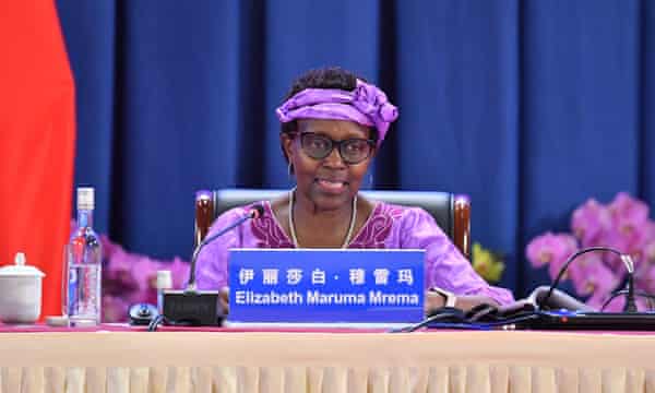 Elizabeth Maruma Mrema, the UN’s head of biodiversity, addresses the closing ceremony of the first part of COP15, in Kunming, in October.