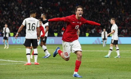 Kenan Yildiz celebrates after scoring Turkey’s second goal during an international friendly match against Germany in Berlin during November 2023.