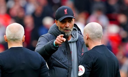 Jürgen Klopp speaks to match officials at the end of Liverpool’s 4-3 win against Tottenham on 30 April.