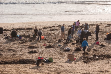 The team of volunteers cleaning up spilled biobeads on Camber Sands
