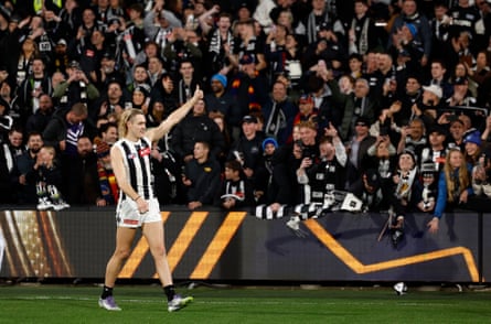Darcy Moore celebrates as Collingwood defeat Adelaide in an AFL qualifying final