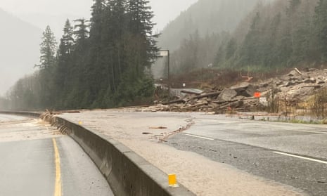 A view of the Coquihalla Highway following mudslides and flooding in British Columbia, Canada on 14 November 2021.