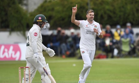 Jimmy Anderson celebrates after seeing Nottinghamshire’s Liam Patterson-White caught at gully