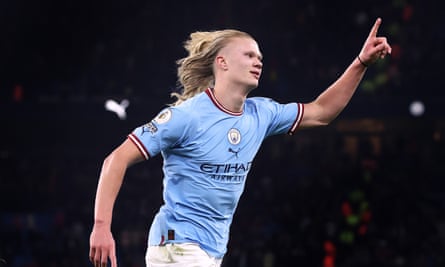 Erling Haaland of Manchester City celebrates after scoring their fourth goal during the Premier League match between Manchester City and Arsenal FC