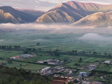View of fields shrouded in mist on the outskirts of Salerno