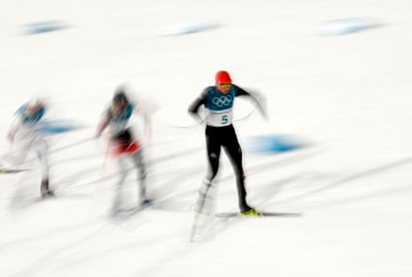 Germany’s Eric Frenzel leads the way in the Nordic combined skiing.