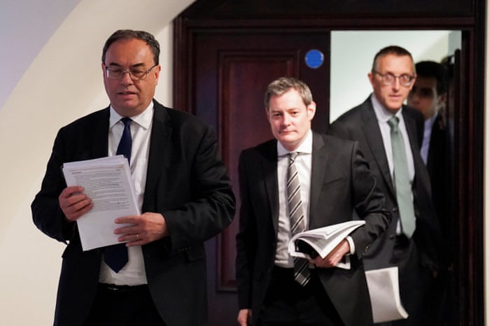 Governor of the Bank of England Andrew Bailey, Executive Director for Communications James Bell and Deputy Governor for Prudential Regulation Sam Woods arrive for the Bank of England’s financial stability report press conference, at the Bank of England, in July.