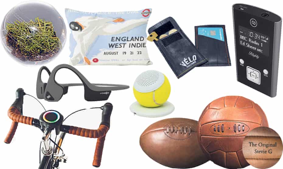 From left: Lord’s turf paperweight, Smarthalo bike device - satnav/alarm, Aftershockz Trek Air headphones, London Underground England v West Indies Cricket Test cushion, Hearo tennis ball bluetooth speaker, cyclist’s pouch made from innertube rubber by Cake Stop Caddy, personalisable vintage style leather rugby ball and football, Blighty DAB radio.