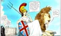Illustration of Britannia and a lion, hoping for an England win in Euro 2024