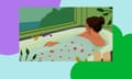 Graphic illustration of woman in bathtub looking outside her window