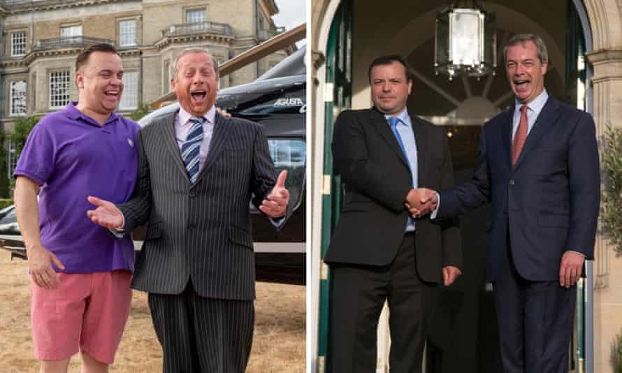 Left: Lee Boardman as Leave.EU campaign funder Arron Banks and Paul Ryan as its leader Nigel Farage in the TV drama. Right: the real Farage and Banks in October 2014, when Banks donated £1m to Ukip.