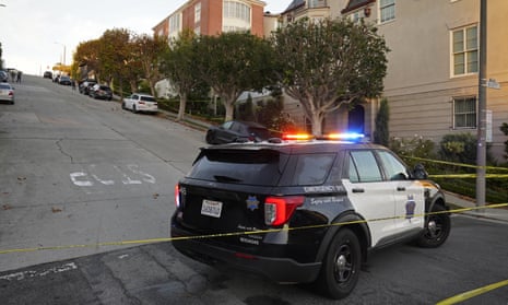 A police car blocks the street below the home of House speaker Nancy Pelosi and her husband, Paul, in San Francisco, California.