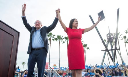 Bernie Sanders and Alexandria Ocasio-Cortez during a campaign rally at Venice Beach in Los Angeles in December.