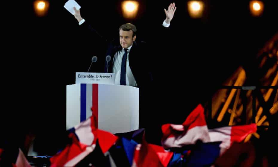 French president-elect Emmanuel Macron delivers his speech in front of the Pyramid at the Louvre Museum in Paris.