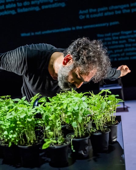 Omar Rajeh leans forward over rows of potted plants, arms outstretched behind him, on stage