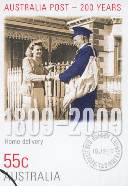 A stamp commemorating 200 years of Australia Post showing a postman delivering to a woman in front of a house. The stamp was worth 55c in 2009 and has been stamped to show that it has been used.