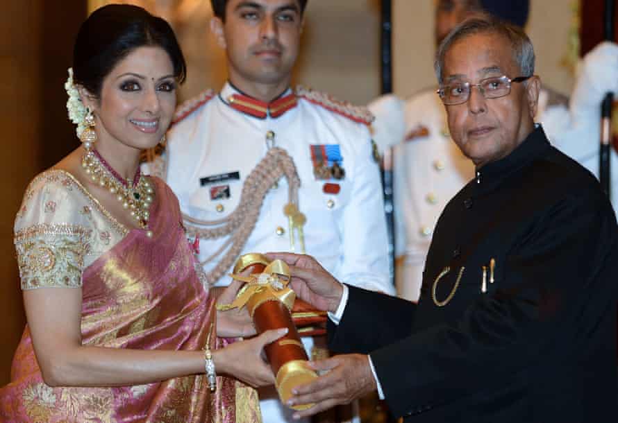 Pranab Mukherjee presents the Padma Shree award to Indian film actress Sridevi in 2013