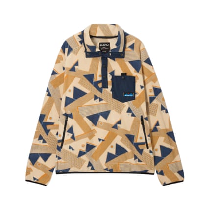 A fleece jumper with a mid way zip at the neck. There is a navy, sand and taupe geometric pattern across the fleece.