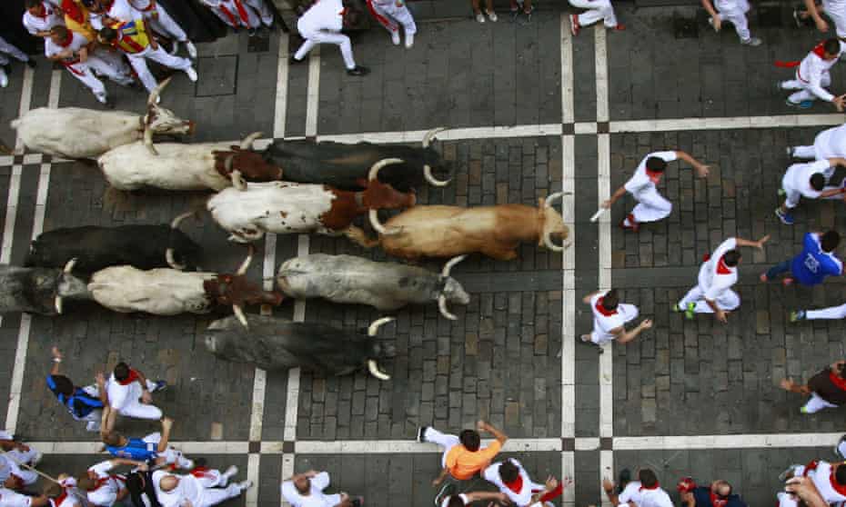 Bulls from the Cebada Gago ranch chase runners (mozos) at the San Fermín festival in Pamplona, northern Spain.