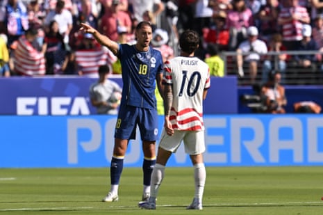 Christian Pulisic is fouled by Nikola Katic.
