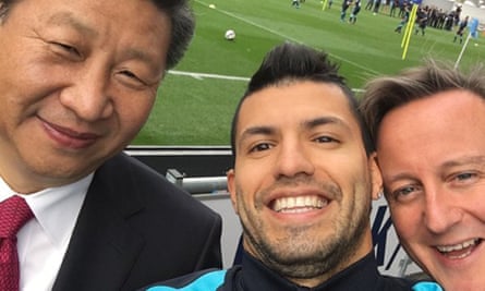 Sergio Agüero takes a selfie with prime minister David Cameron and president Xi Jinping at Manchester City on 23 October 2015.