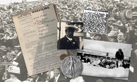 (Clockwise from left) Louis Bruce’s entry form for the 1908 Olympics; on London tram duty; a report of Bruce in action at the 1913 Tramways boxing championship; action from the light-heavyweight wrestling final in 1908; Bruce’s medal for participating in the Olympics.