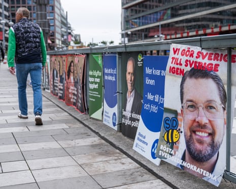 Election campaign posters featuring Sweden Democrats leader Jimmie Åkesson and candidates from other political parties are displayed in central Stockholm, Sweden.