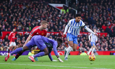 André Onana scrambles desperately for the ball after spilling it into Georginio Rutter’s path but the forward turned it in for Brighton’s third goal.
