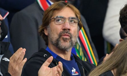 Javier Bardem, who has previously played rugby for Spain, watches the semi-final in Paris.
