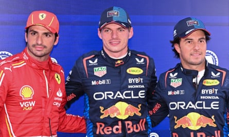 Second-placed qualifier Ferrari’s Carlos Sainz Jr with pole winner Max Verstappen and Sergio Perez, both of Red Bull Racing, after qualifying for the Australian Grand Prix at the Albert Park.