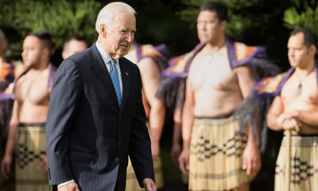 Joe Biden being welcomed to New Zealand by Maori warriors during a visit in 2016. Pacific nations have welcomed his election to the presidency of the United States.