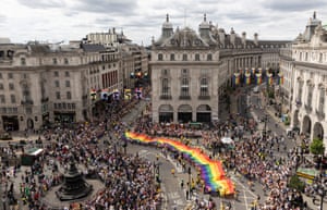 Pride in London parade, featuring Intersex-Inclusive Pride flags designed by Valentino Vecchietti hanging above Regent Street