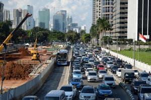 Motionless in macet: Gridlocked cars as work continues on Jakarta’s metro system. 