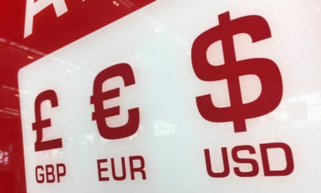 A currency sign at a bureau de change at Heathrow in London.