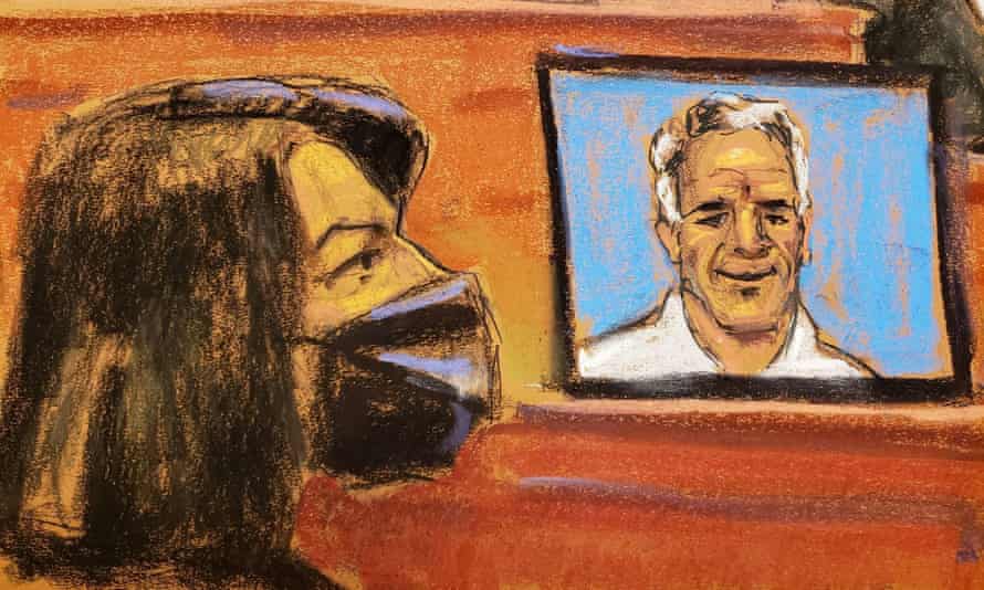 A photo of Jeffrey Epstein near Ghislaine Maxwell at her trial, as seen in a courtroom sketch from 2 December.