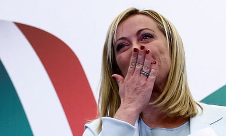 Giorgia Meloni reacts at the party's election night headquarters, in Rome, Italy September 26, 2022