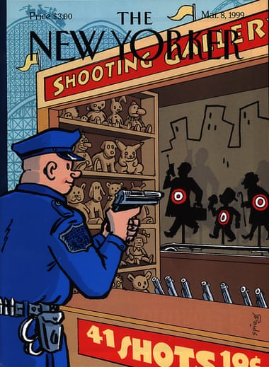 A New Yorker cover from 1999, drawn by Art Spiegelman. It alludes to the killing of Amadou Diallo, who was shot at 41 times by four officers.