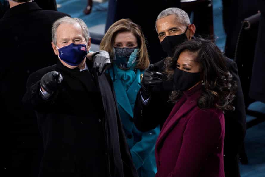 George W Bush, Nancy Pelosi and the Obamas arrive for the inauguration.